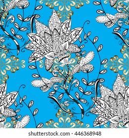Vector texture with golden floral doodles flowers on blue background with shadows.