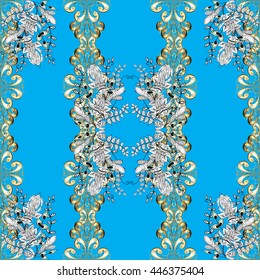 Vector texture with golden floral doodles flowers on blue background with shadows.