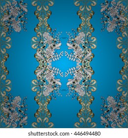 Vector texture with golden floral doodles flowers on blue background with shadows.