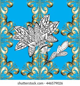 Vector texture with golden floral doodles flowers on blue background with shadows.