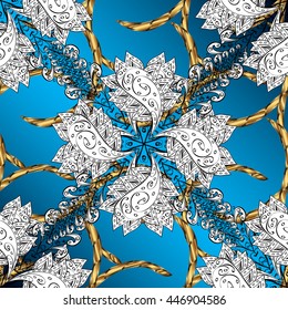 Vector texture with golden floral doodles flowers on blue background with shadows.
