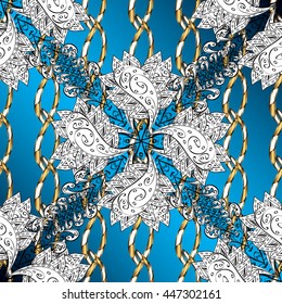 Vector texture with golden floral doodles flowers on blue background with shadows.