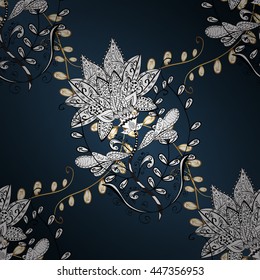 Vector texture with golden floral doodles flowers on blue background with shadows.