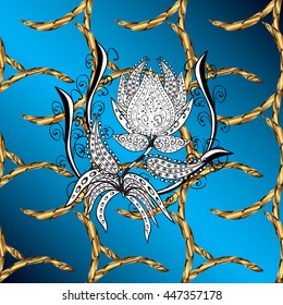 Vector texture with golden floral doodles flowers on blue background with shadows.