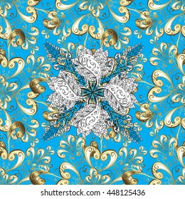 Vector texture with golden floral doodles flowers on blue background with shadows.