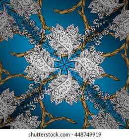 Vector texture with golden floral doodles flowers on blue background with shadows.