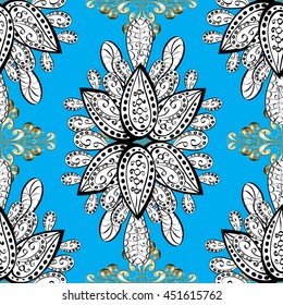 Vector texture with golden floral doodles flowers on blue background with shadows.
