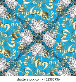 Vector texture with golden floral doodles flowers on blue background with shadows.