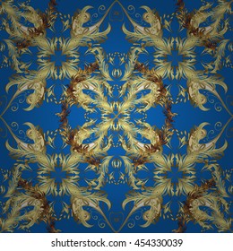 Vector texture with golden floral doodles flowers on blue background with shadows.