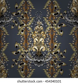 Vector texture with golden floral doodles flowers on blue background with shadows.