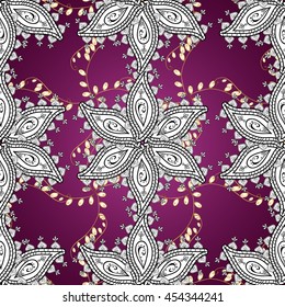 Vector texture with golden floral doodles flowers on pink background with shadows.