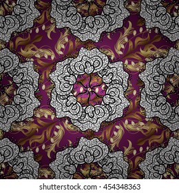 Vector texture with golden floral doodles flowers on pink background with shadows.