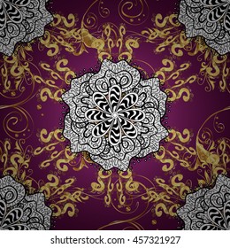 Vector texture with golden floral doodles flowers on pink background with shadows.