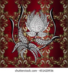 vector texture with golden and white flowers and vintage elements on red background