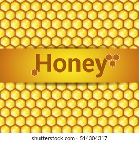 Vector texture of the honeycomb with a ribbon and the words honey