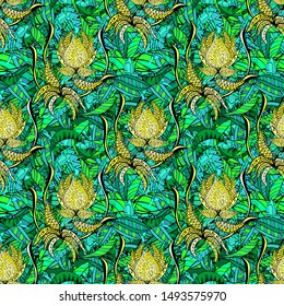 Vector texture. Illustration. Doodles on a blue, black and green colors. Seamless pattern Beautiful fabric background.