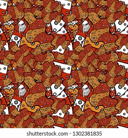 Vector texture. Illustration. Seamless pattern Beautiful fabric background. Doodles on a orange, black and red colors.