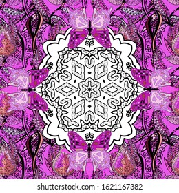 Vector texture. Illustration. Seamless pattern Beautiful fabric background. Doodles on a white, black and violet colors.