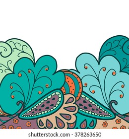 Vector texture with the image of the waves, leaves, flowers, abstract images, garden doodle, green and orange tone