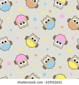 Vector texture into the theme of birds. Cute colorful owls with soap bubbles.