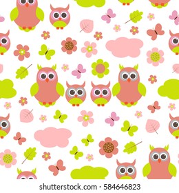 Vector texture into the theme of family and nature. Owl parents with children among the flowers, leaves and butterflies.