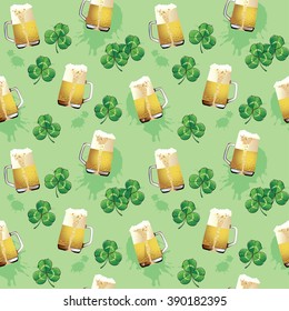 Vector texture with leaves of clovers and beer mugs on a light green background