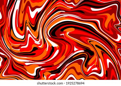 Vector texture made of warped, red, black, white and orange stripes.
