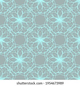 vector texture of the mandala in the form of a geometric pattern of a square design pattern. seamless pattern of blue turquoise line mandala stylized flower on gray background for invitation design te