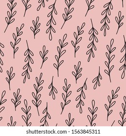 Vector texture nature seamless pattern in pink and black. Simple doodle twig with leaves hand drawn made into repeat. Great for background, wallpaper, wrapping paper, packaging, fashion.
