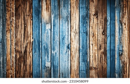 Vector texture of old wood, wooden panels. Grunge, old, retro wooden background, vertical stripes. Brown and blue wood. The background