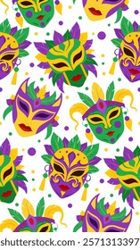 Vector texture on the Mardi Gras holiday. Seamless festive pattern with masks, confetti, ribbon on white background. Flat hand drawn holiday backdrop. Fat Tuesday textile