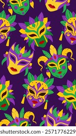 Vector texture on the Mardi Gras holiday. Seamless festive pattern with masks on violet background. Fat Tuesday textile. Flat hand drawn holiday wallpaper