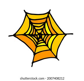 vector texture of an orange spider web with a black outline. hand-drawn spider web pattern in the style of doodles with orange and yellow stripes inside the black outline of the web for the Halloween 
