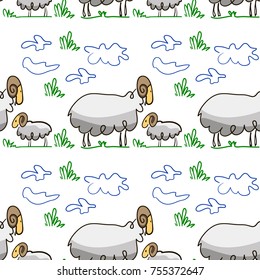 Vector texture, patern, lamb grazing on the lawn