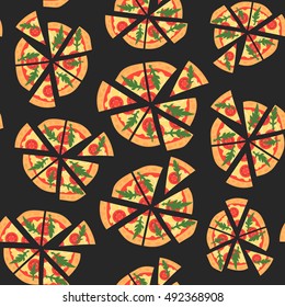 Vector texture of pattern with margherita pizza. Slices in a flat style. Seamless background. Cartoon style