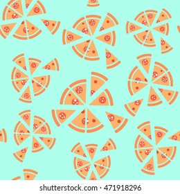 Vector texture of pattern with pepperoni pizza. Slices in a flat style. Seamless background