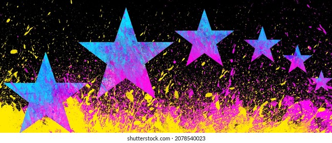 Vector texture. Pink and yellow brush strokes and splashes. Pink and blue stars. Blank. Night party. Acrylic banner. Hand painted watercolor background for flyer, cards, poster, brochure, cover design