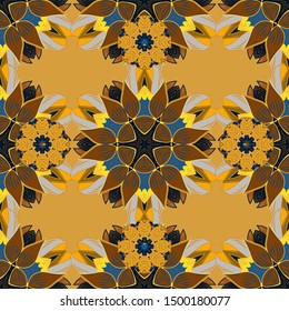 Vector texture for prints, fabric, wallpapers, textile. Embroidery floral seamless pattern. Colorful grunge flourish abstract background with colobrown, yellow and blue flowers.