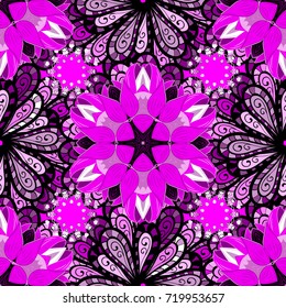 Vector texture for prints, fabric, wallpapers, textile. Embroidery floral seamless pattern. Colorful grunge flourish abstract background with colomagenta, black and purple flowers.
