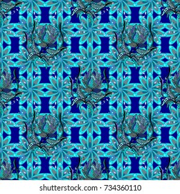 Vector texture for prints, fabric, wallpapers, textile. Embroidery floral seamless pattern. Colorful grunge flourish abstract background with color blue, neutral and black flowers.
