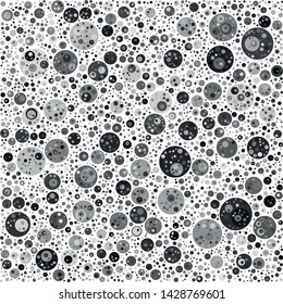 Vector texture of randomly arranged gray multilayer circles of various sizes and shades