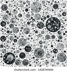 Vector texture of randomly arranged gray multilayer circles of various sizes and shades