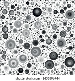 Vector texture of randomly arranged gray multilayer circles of various sizes and shades