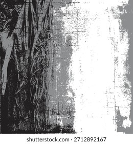 Vektortextur mit einem realistischen Baum, Banyan oder Ficus mit Wurzeln und Zweigen im Gothic- oder Grunge-Stil. Leerzeichen für Text. Magisch, märchenhaft und mystisch. Halloween-Partyplakat. Keine KI.