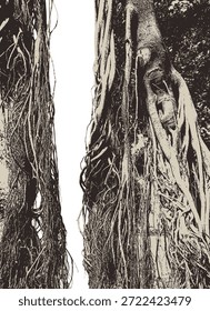 Textura vetorial com uma árvore realista, banyan ou ficus, com raízes e ramos e espaço para texto em estilo gótico. Assustador, mágico, de conto de fadas e místico. Para o design da festa de Halloween.