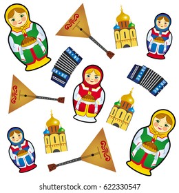Vector texture with Russian dolls, balalaika, accordion and Church