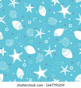 Vector texture sea shell pattern, underwater summer mood, star fish, mussel on textured beachy background. Costal design for your perfect holiday. Nature background. Print, fabric, stationary.