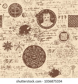 Vector texture, seamless background on the theme of old manuscript with occult lyrics and symbols. Medieval papyrus with blots and spots in retro style