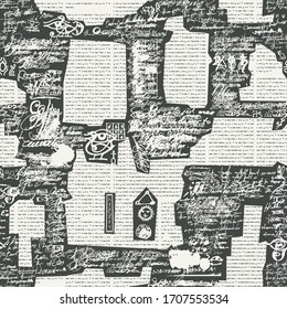 Vector texture, seamless pattern background with unreadable handwritten scribbles, splashes and newspaper clippings. Text to column: "Your text here" and "Lorem ipsum". Suitable for Wallpaper