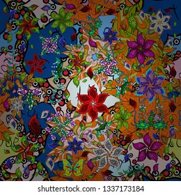 Vector texture. Seamless pattern Beautiful fabric background. Illustration. Doodles on a orange, blue and black colors.